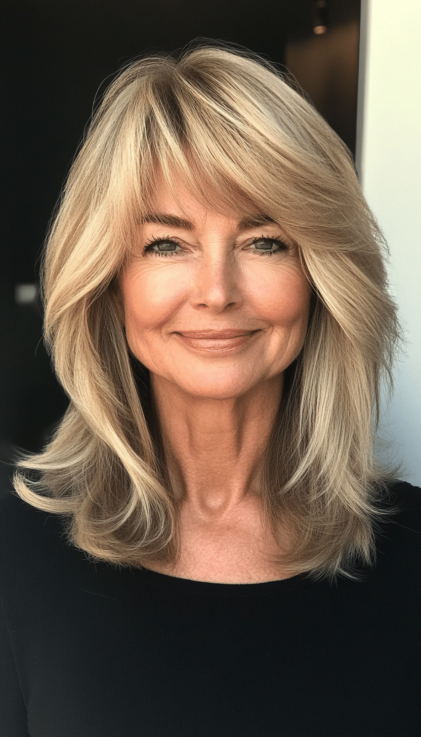 27. Mid-Length Layered Cut with Wispy Bangs in Soft Sandy Blonde (Medium Length Haircuts For Women Over 60) - Medium Length Haircuts For Women Over 60