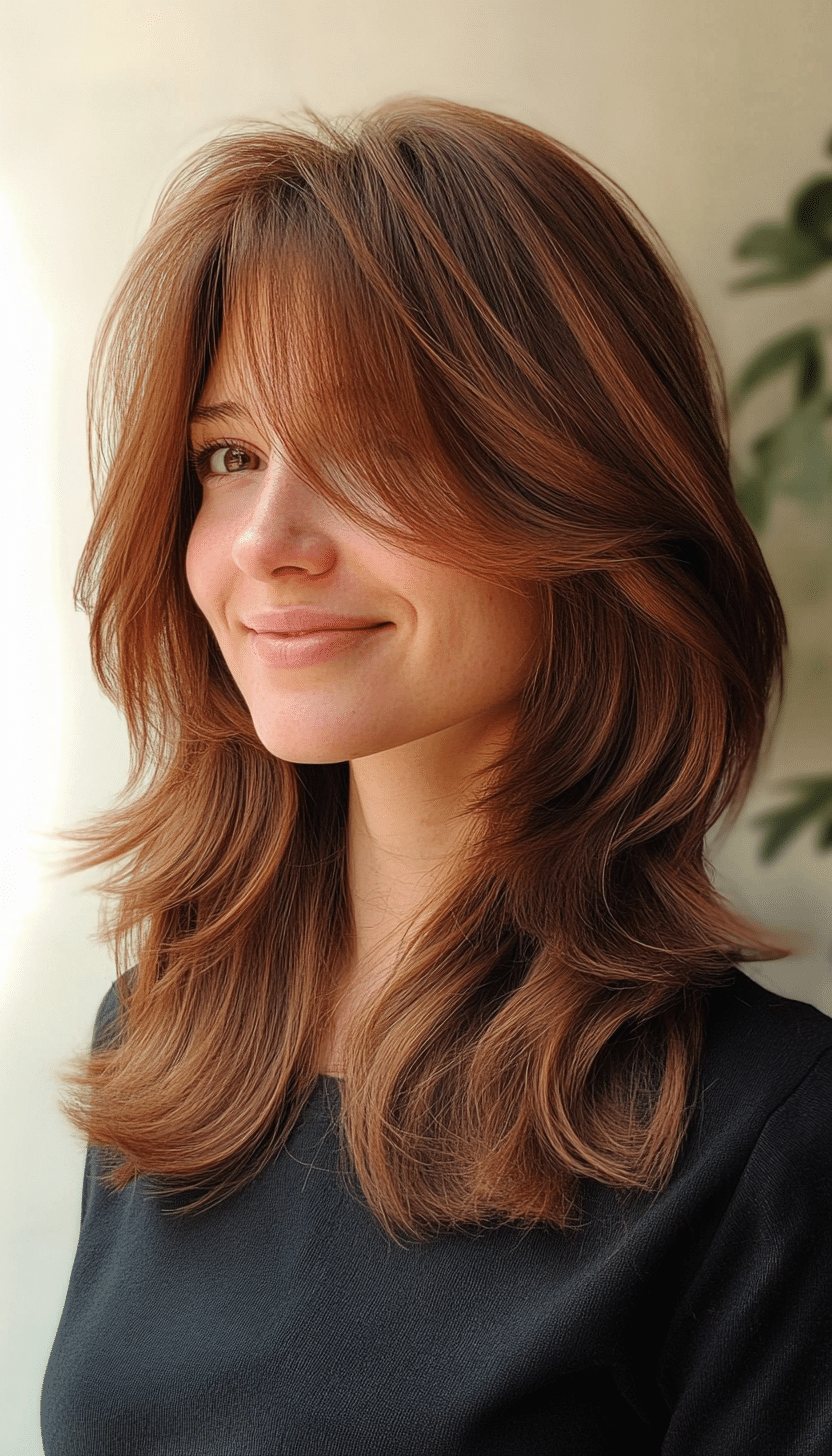 1. Feathered Layers with Soft Bangs in Dark Chestnut (Medium Length Hairstyles With Bangs) - Medium Length Hairstyles With Bangs
