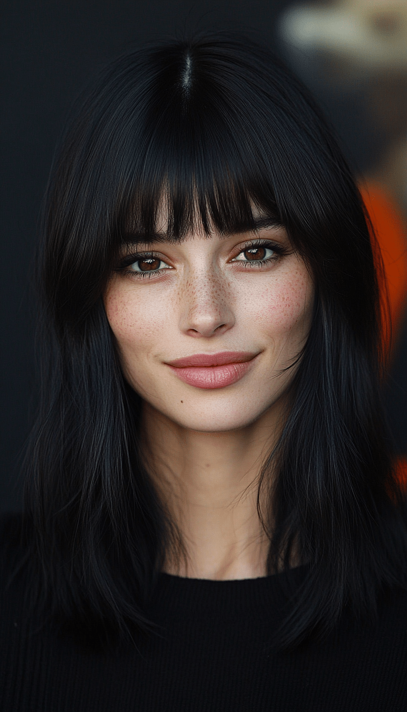 2. Blunt Cut with Full Bangs in Natural Black (Medium Length Hairstyles With Bangs) - Medium Length Hairstyles With Bangs