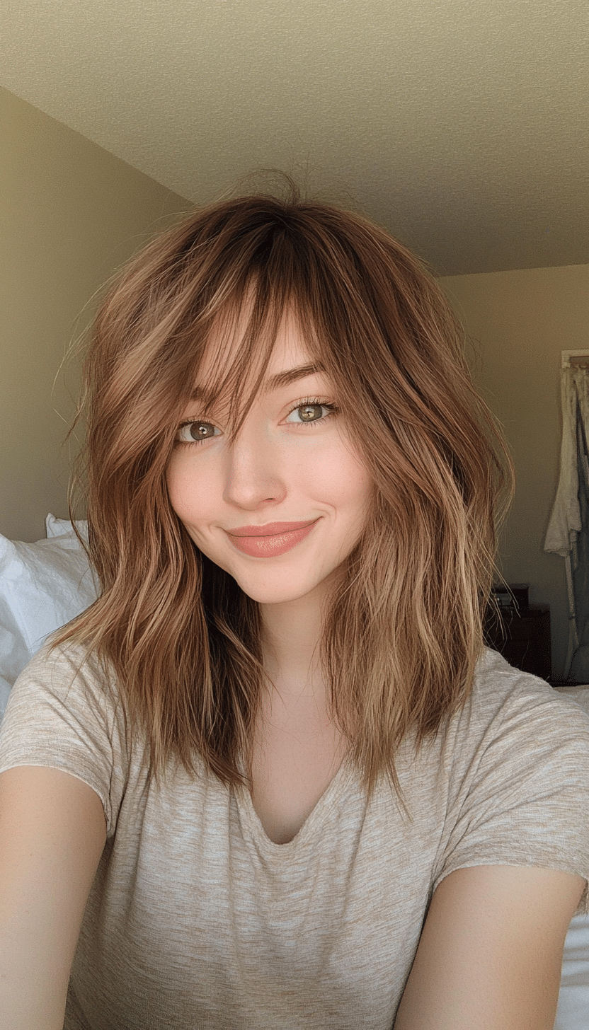 3. Shaggy Bob with Wispy Bangs in Honey Brown (Medium Length Hairstyles With Bangs) - Medium Length Hairstyles With Bangs