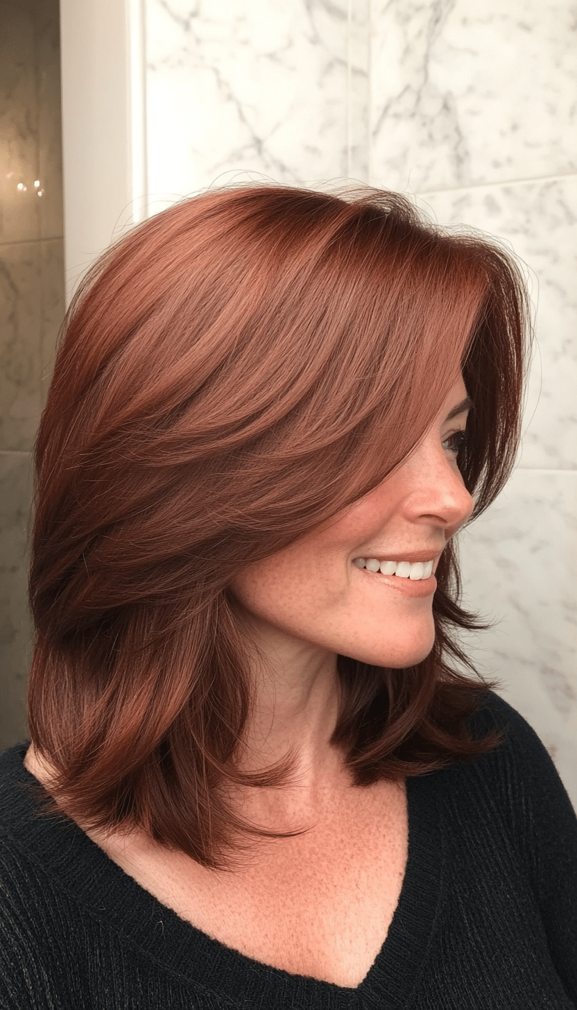 4. Layered Lob with Side-Swept Bangs in Dark Auburn (Medium Length Hairstyles With Bangs) - Medium Length Hairstyles With Bangs