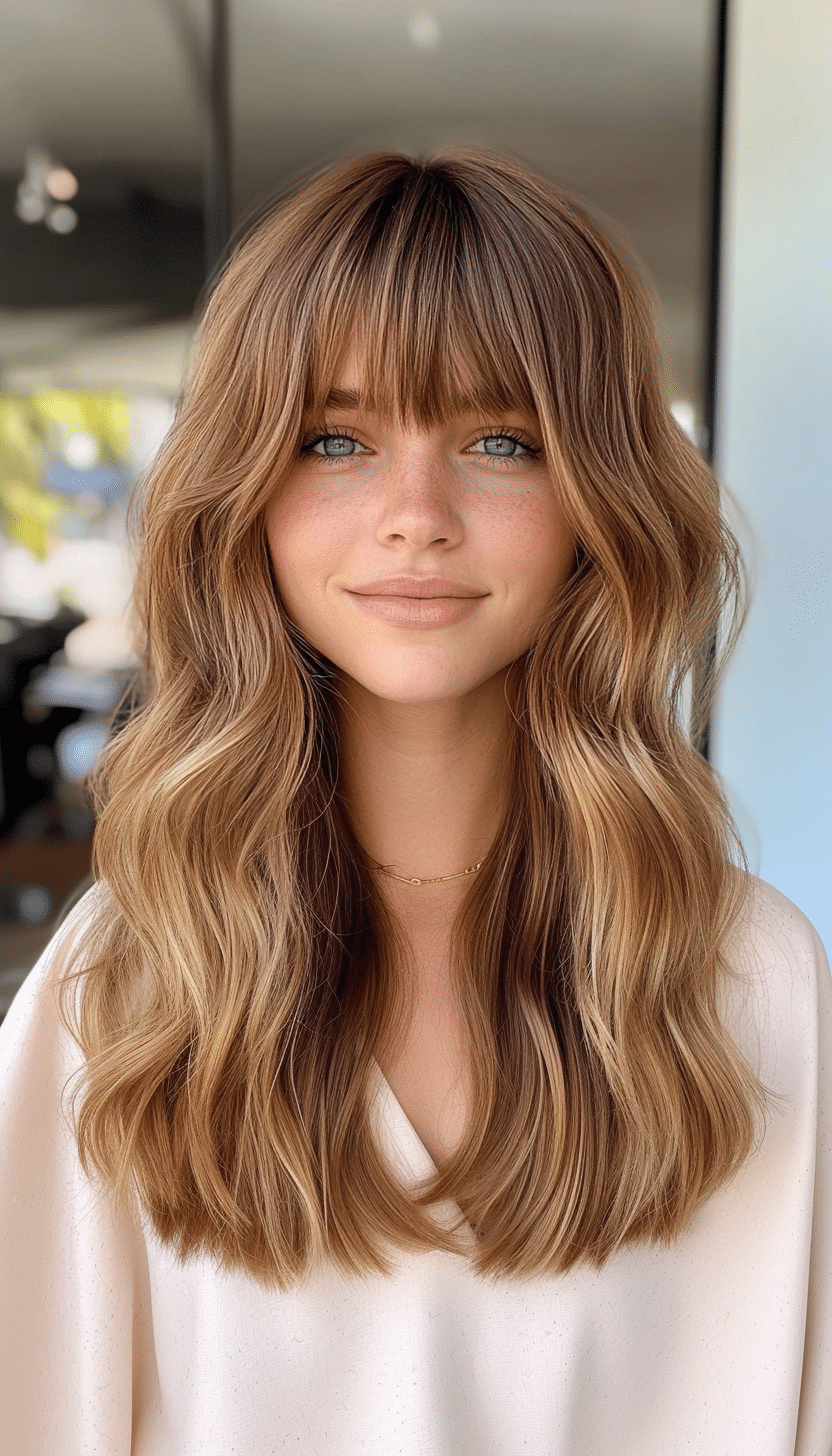 5. Wavy Mid-Length with Curtain Bangs in Light Golden Brown (Medium Length Hairstyles With Bangs) - Medium Length Hairstyles With Bangs
