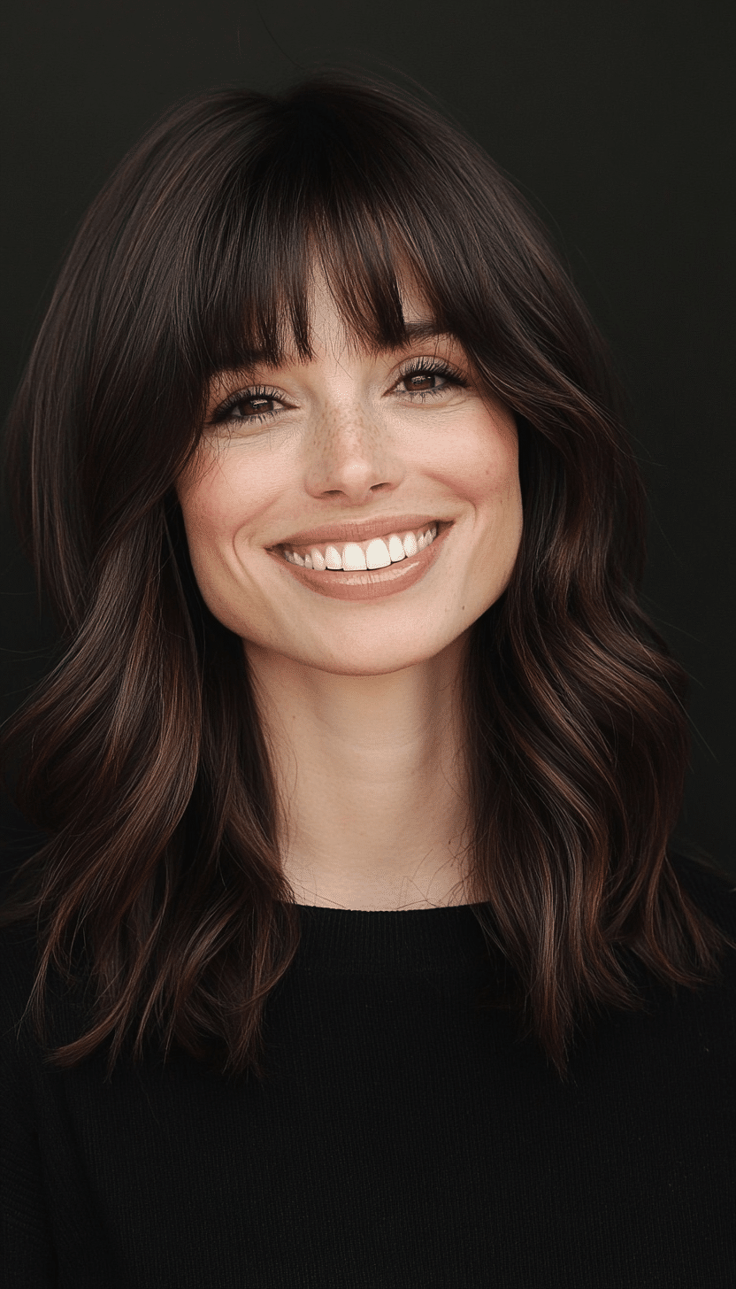 6. Textured Midi Cut with Arched Bangs in Dark Chocolate Brown (Medium Length Hairstyles With Bangs) - Medium Length Hairstyles With Bangs