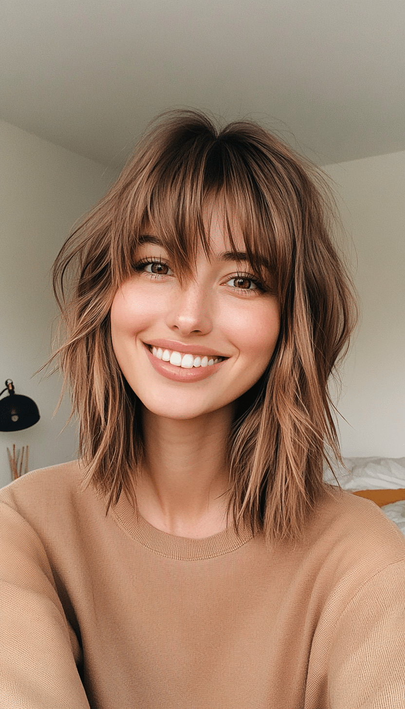 8. Choppy Lob with Piecey Bangs in Warm Caramel Brown (Medium Length Hairstyles With Bangs) - Medium Length Hairstyles With Bangs