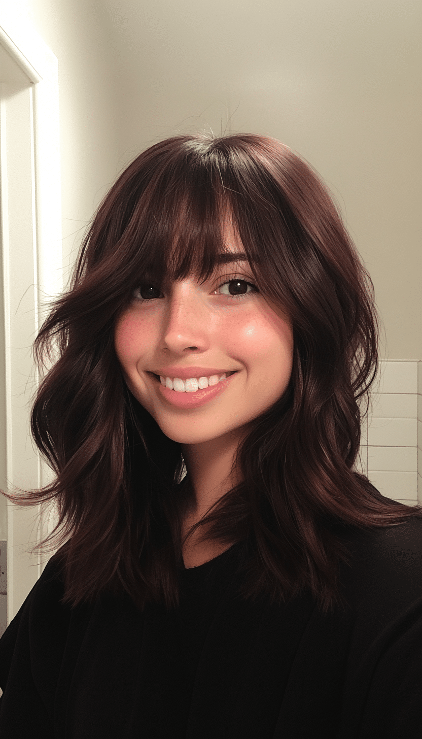 10. Messy Mid-Length with Layered Fringe in Dark Mahogany (Medium Length Hairstyles With Bangs) - Medium Length Hairstyles With Bangs
