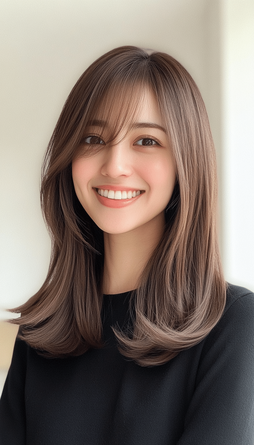 11. Sleek Collarbone Cut with Wispy Bangs in Cool Medium Brown (Medium Length Hairstyles With Bangs) - Medium Length Hairstyles With Bangs