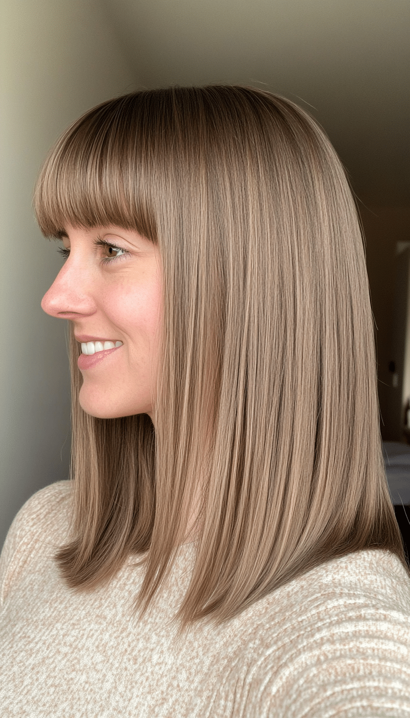 14. Blunt Shoulder Cut with Slightly Rounded Bangs in Sandy Brown (Medium Length Hairstyles With Bangs) - Medium Length Hairstyles With Bangs