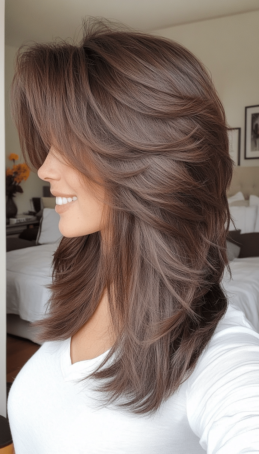 15. Shoulder-Length Shag with Curtain Bangs in Espresso Brown (Medium Length Hairstyles With Bangs) - Medium Length Hairstyles With Bangs