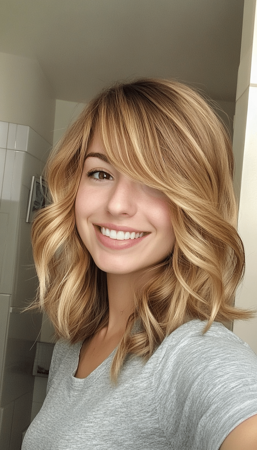17. Tousled Lob with Side Bangs in Rich Golden Blonde (Medium Length Hairstyles With Bangs) - Medium Length Hairstyles With Bangs