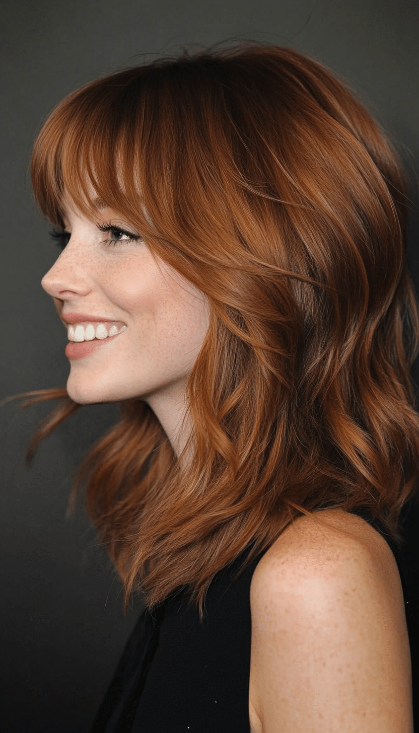 18. Shoulder-Length Cut with Fluffy Bangs in Medium Copper Brown (Medium Length Hairstyles With Bangs) - Medium Length Hairstyles With Bangs