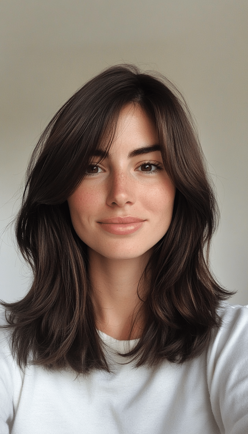 19. Subtle A-Line Cut with Blended Bangs in Dark Ash Brown (Medium Length Hairstyles With Bangs) - Medium Length Hairstyles With Bangs