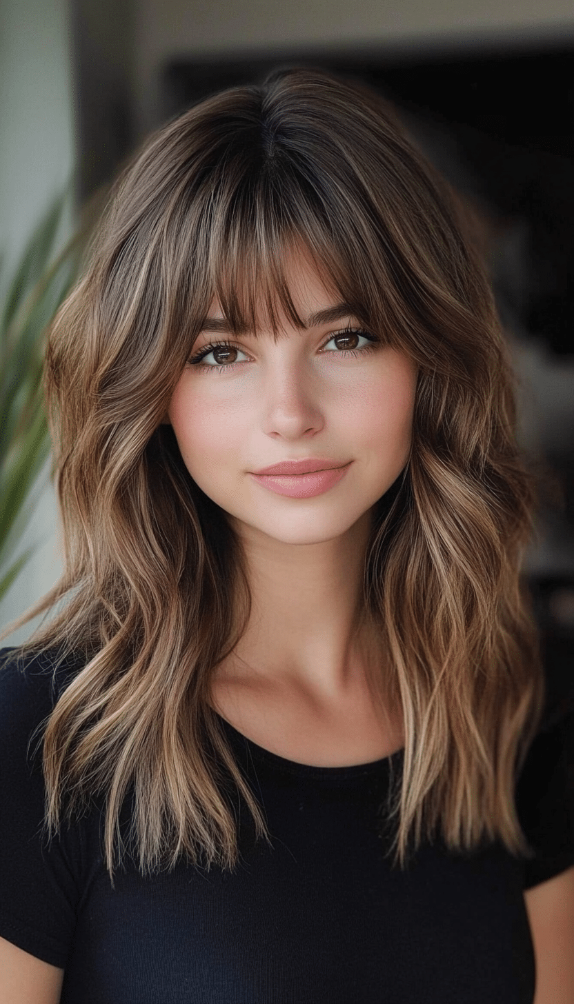 20. Shoulder-Length Waves with Eye-Skimming Bangs in Natural Warm Brown (Medium Length Hairstyles With Bangs) - Medium Length Hairstyles With Bangs