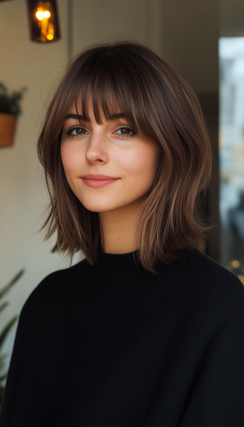 21. Slightly Layered Bob with Light Fringe in Deep Brunette (Medium Length Hairstyles With Bangs) - Medium Length Hairstyles With Bangs