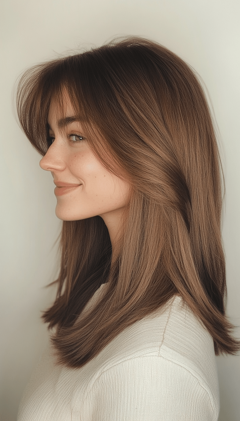 23. Sleek and Straight Mid-Length with Tapered Bangs in Soft Warm Brown (Medium Length Hairstyles With Bangs) - Medium Length Hairstyles With Bangs