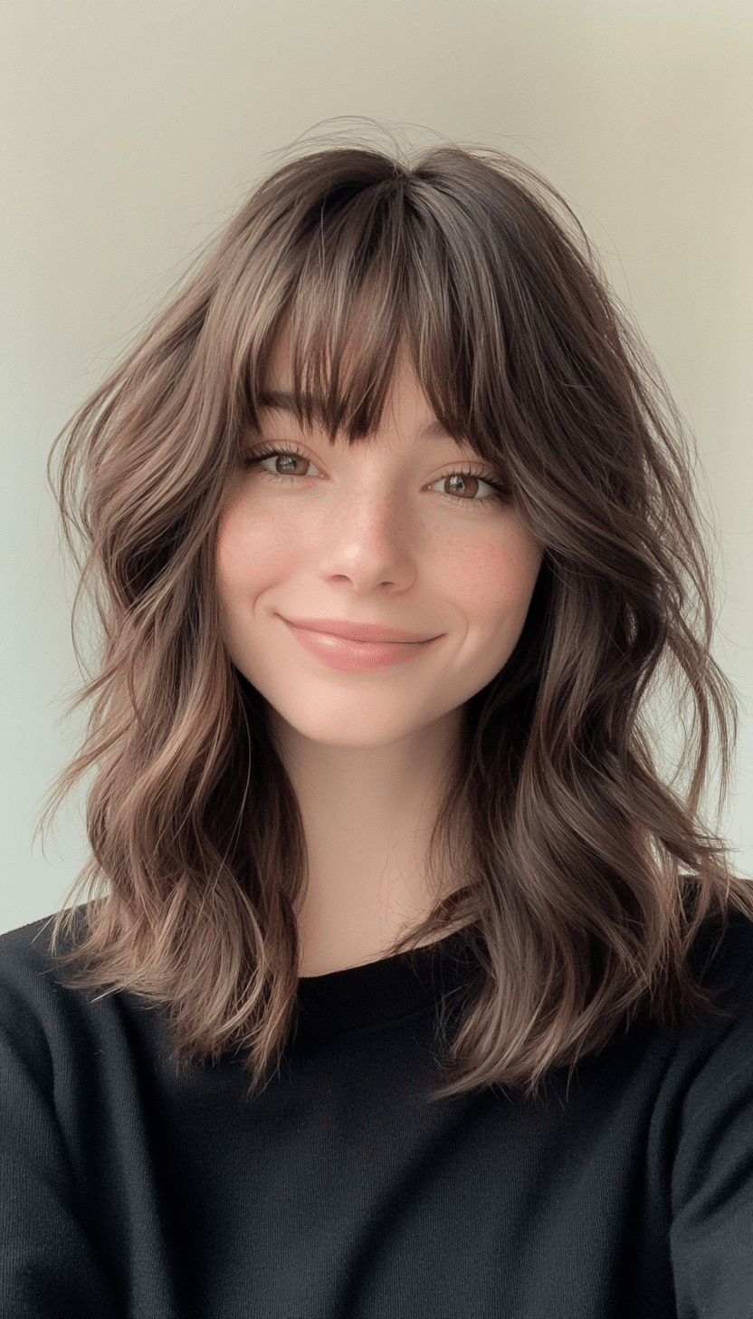 24. Messy Shoulder-Length with Face-Framing Fringe in Cool Dark Brown (Medium Length Hairstyles With Bangs) - Medium Length Hairstyles With Bangs