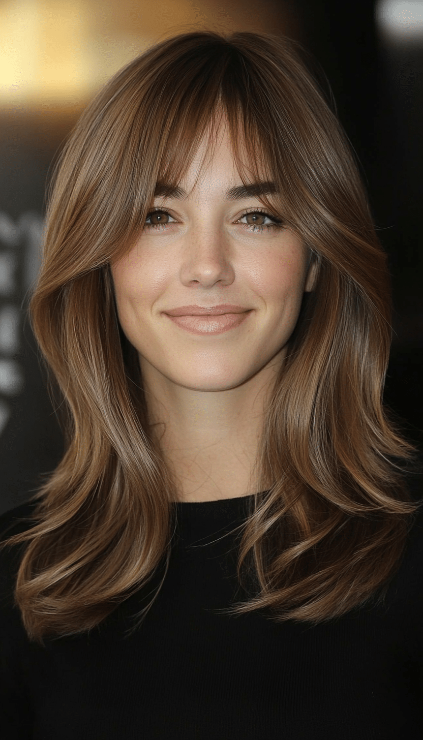 26. Layered Midi with Slightly Rounded Bangs in Medium Ash Brown (Medium Length Hairstyles With Bangs) - Medium Length Hairstyles With Bangs