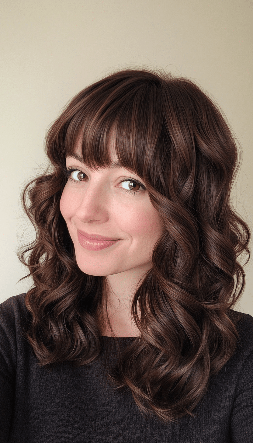 27. Curled Shoulder-Length Cut with Side-Swept Bangs in Rich Chocolate Brown (Medium Length Hairstyles With Bangs) - Medium Length Hairstyles With Bangs