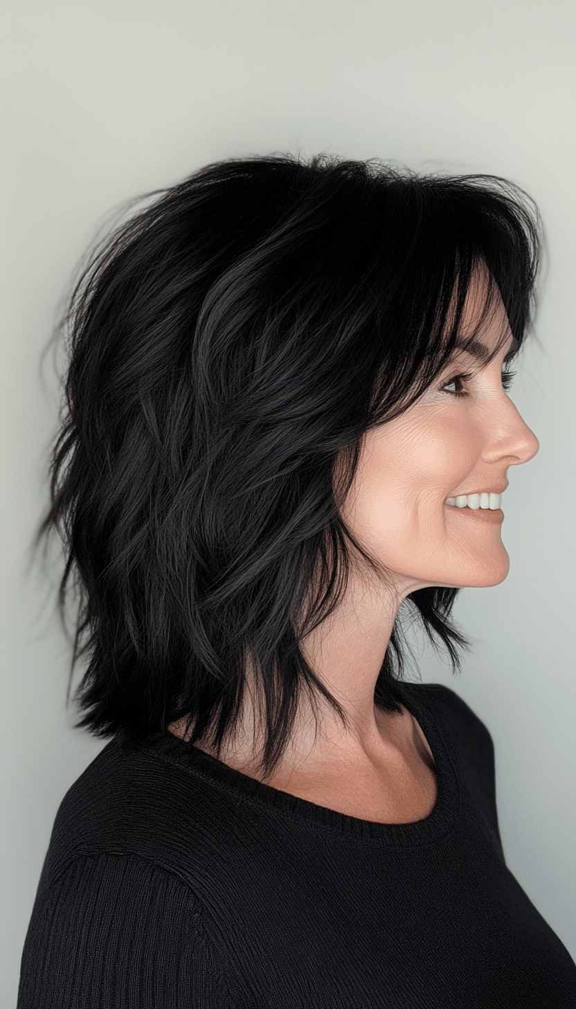 3. Shoulder-Length Textured Shag in Natural Black (Shaggy Haircuts For Women Over 50) - Shaggy Haircuts For Women Over 50