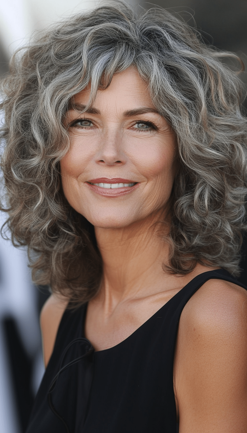7. Shoulder-Grazing Curly Shag in Salt-and-Pepper (Shaggy Haircuts For Women Over 50) - Shaggy Haircuts For Women Over 50
