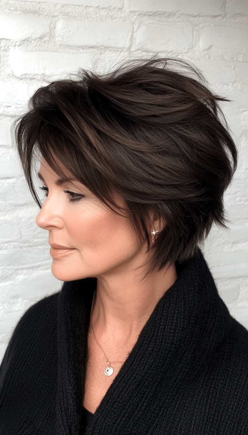 9. Edgy Razor-Cut Shag in Cool Espresso Brown (Shaggy Haircuts For Women Over 50) - Shaggy Haircuts For Women Over 50