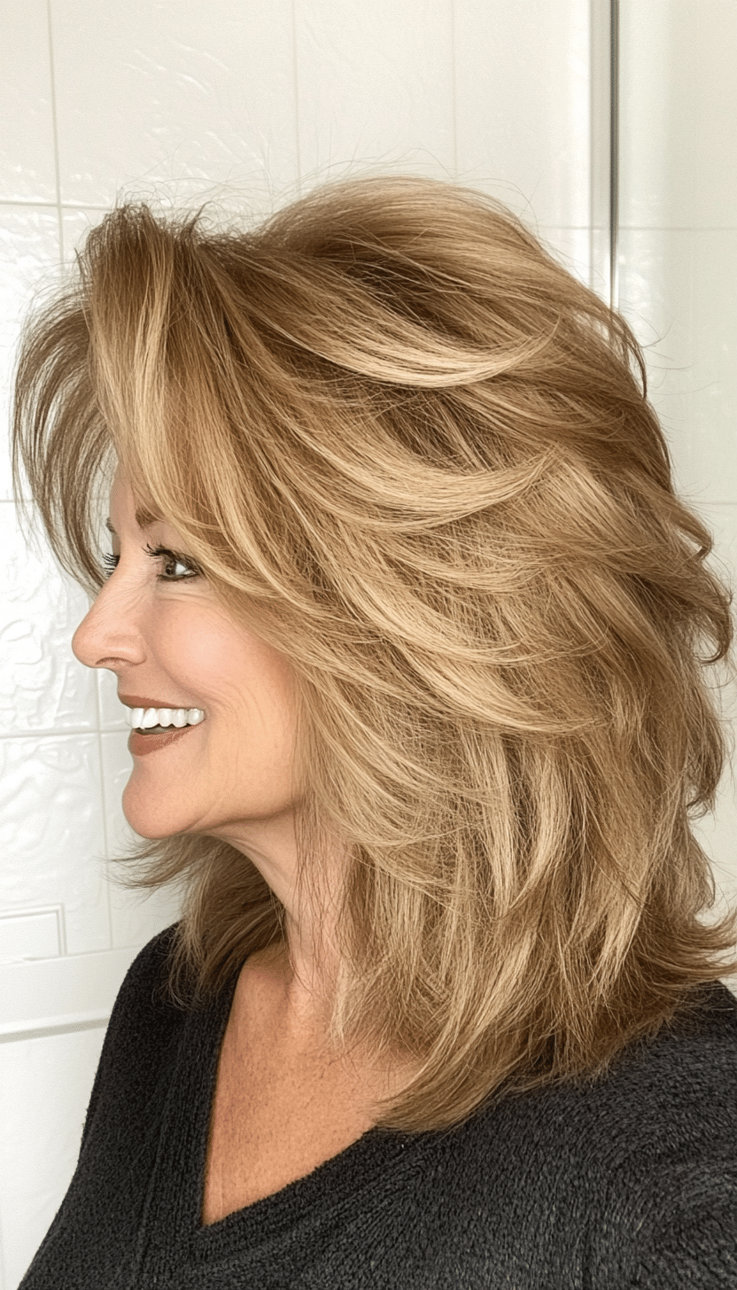 12. Medium-Length Messy Shag in Light Caramel Brown (Shaggy Haircuts For Women Over 50) - Shaggy Haircuts For Women Over 50
