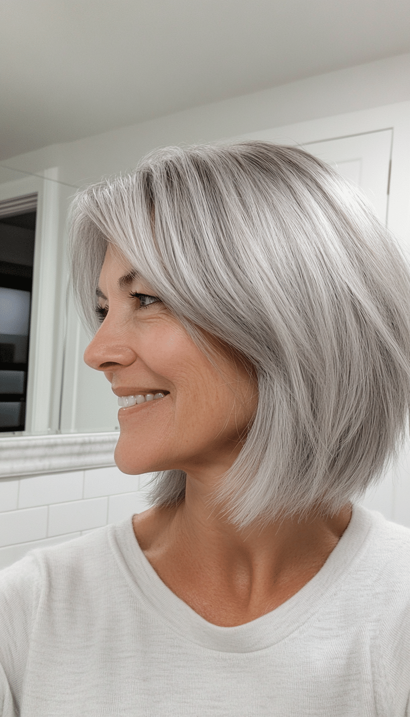 15. Fringed Chin-Length Shag in Silver Gray (Shaggy Haircuts For Women Over 50) - Shaggy Haircuts For Women Over 50