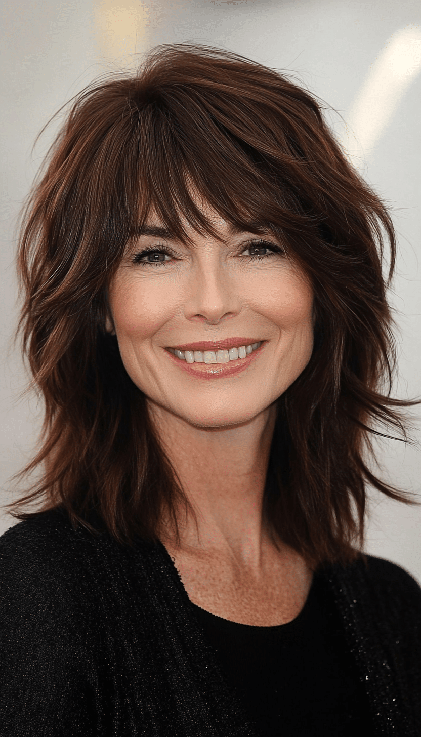 16. Medium Shag with Side Bangs in Dark Mahogany (Shaggy Haircuts For Women Over 50) - Shaggy Haircuts For Women Over 50