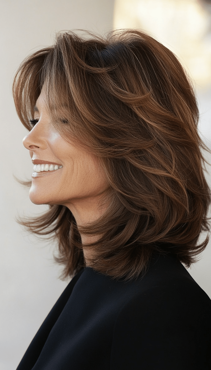 18. Swoopy Shoulder-Length Shag in Warm Chestnut (Shaggy Haircuts For Women Over 50) - Shaggy Haircuts For Women Over 50
