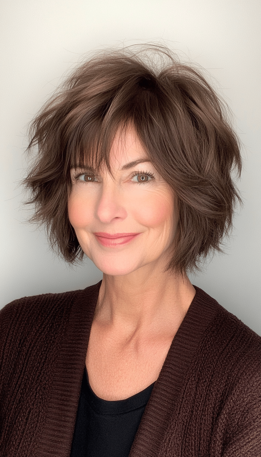 19. Layered Crop Shag in Deep Chocolate Brown (Shaggy Haircuts For Women Over 50) - Shaggy Haircuts For Women Over 50