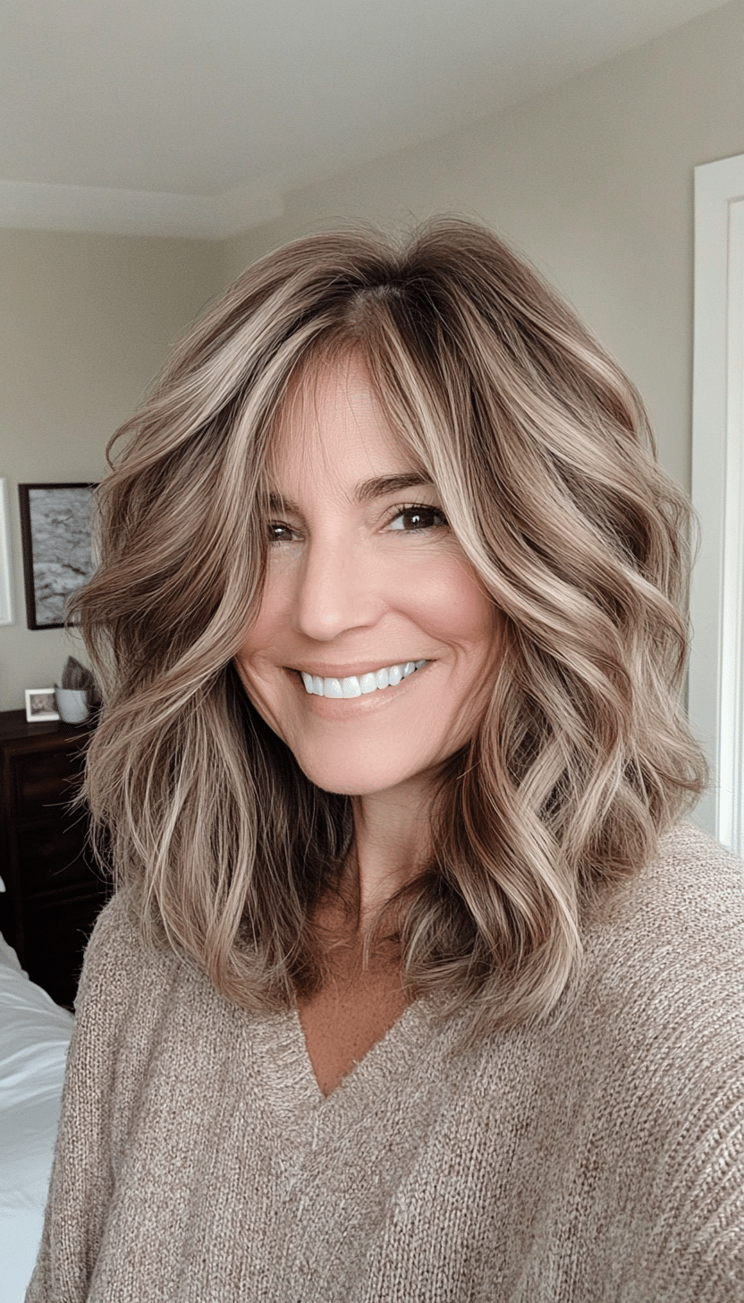 20. Casual Wavy Lob Shag in Light Brown (Shaggy Haircuts For Women Over 50) - Shaggy Haircuts For Women Over 50