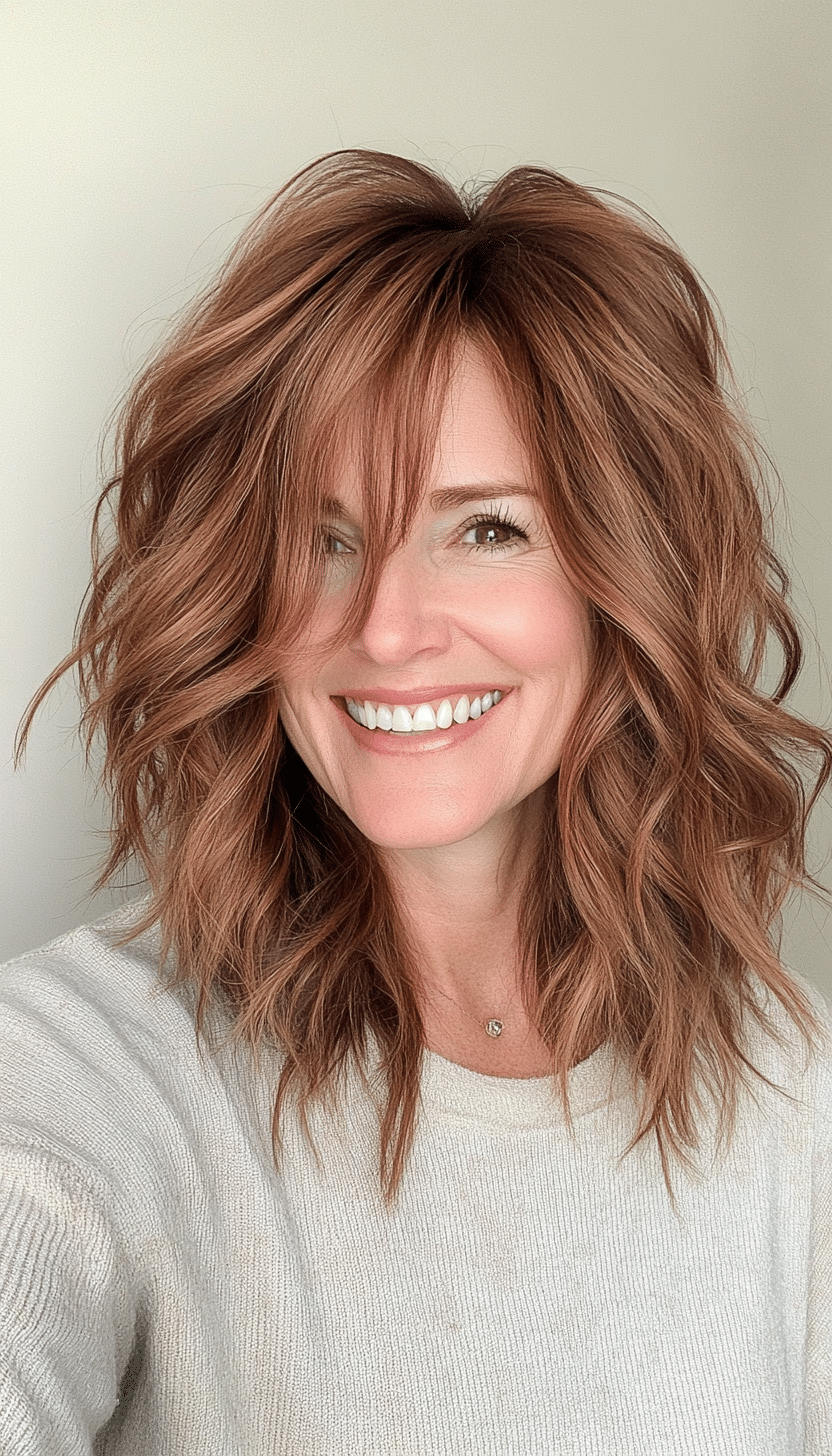 23. Mid-Length Tousled Shag in Cinnamon Brown (Shaggy Haircuts For Women Over 50) - Shaggy Haircuts For Women Over 50