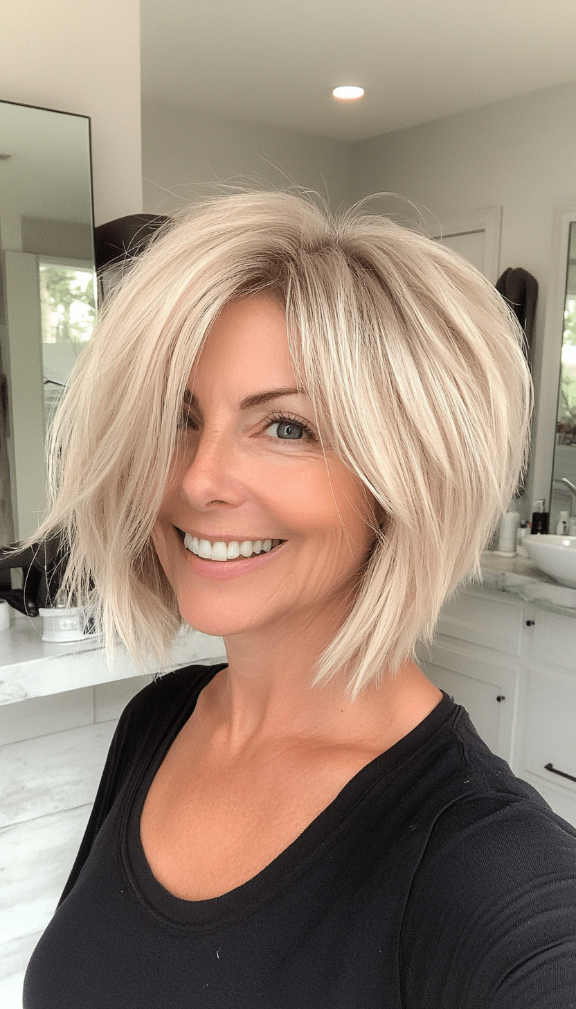 26. Softly Angled Bob Shag in Platinum Blonde (Shaggy Haircuts For Women Over 50) - Shaggy Haircuts For Women Over 50