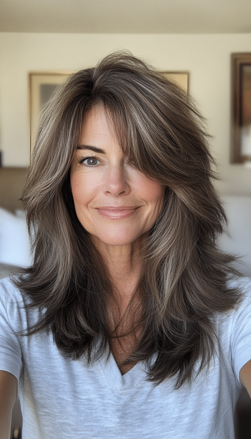 27. Mid-Length Layered Shag in Neutral Brunette (Shaggy Haircuts For Women Over 50) - Shaggy Haircuts For Women Over 50