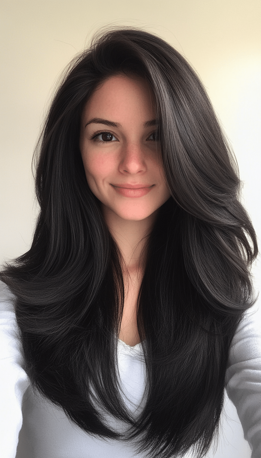 8. Long V-Cut Layers in Deep Black (Layered Hairstyles For Thin Hair) - Layered Hairstyles For Thin Hair