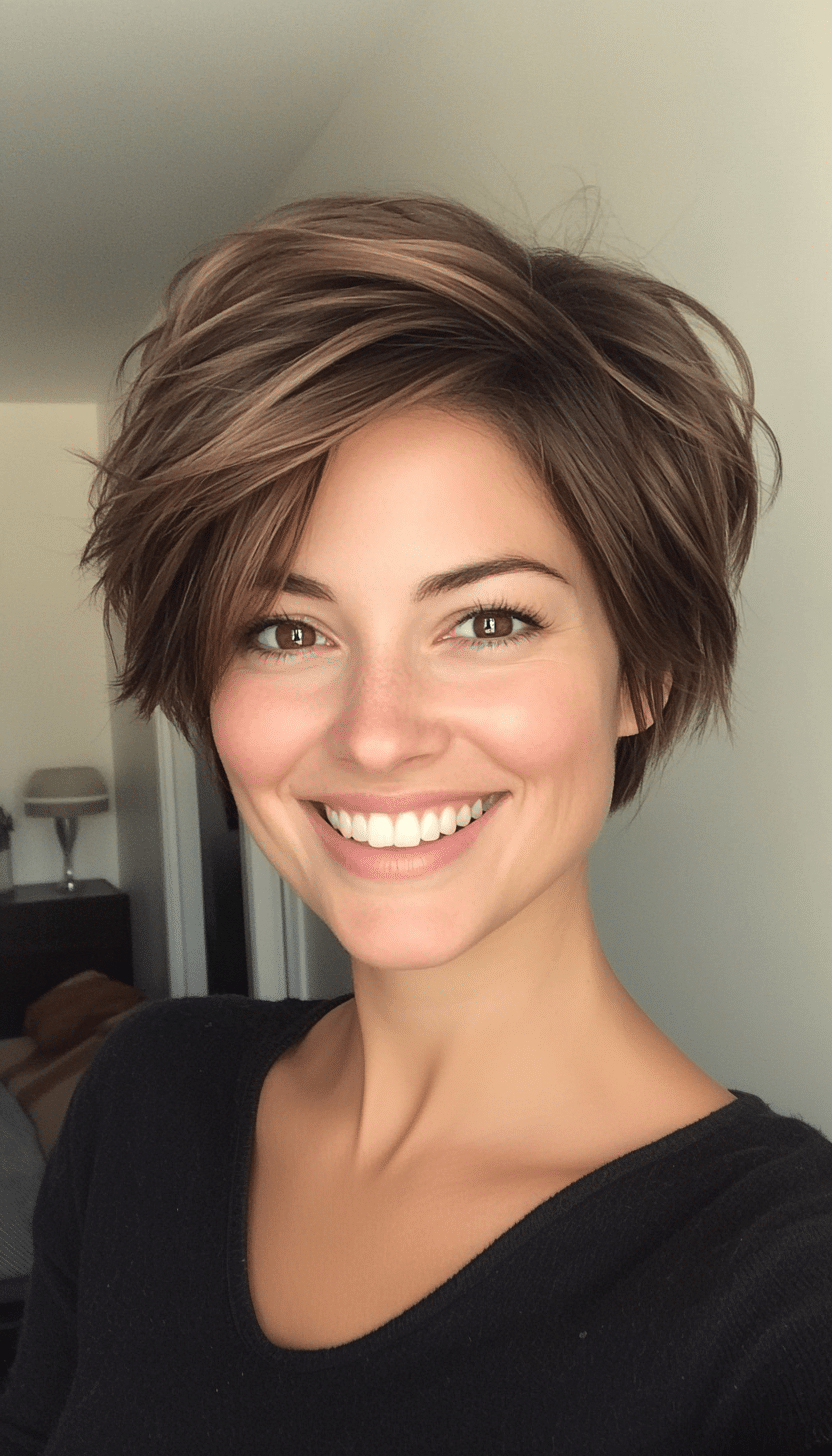 11. Short Layered Crop in Soft Brunette (Layered Hairstyles For Thin Hair) - Layered Hairstyles For Thin Hair