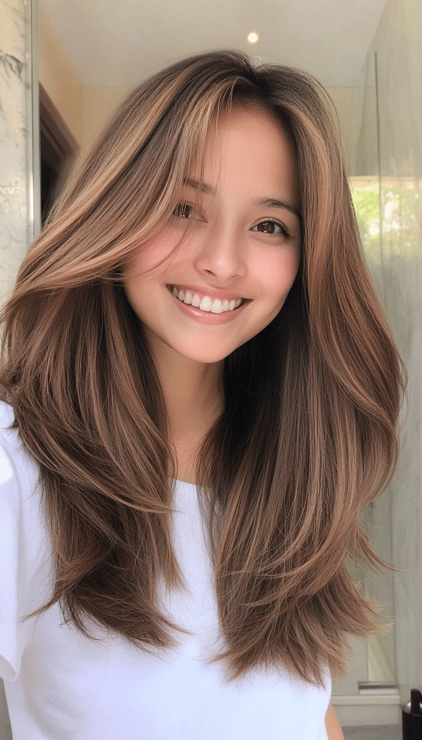 12. Flowy Mid-Length Layers in Warm Cinnamon Brown (Layered Hairstyles For Thin Hair) - Layered Hairstyles For Thin Hair