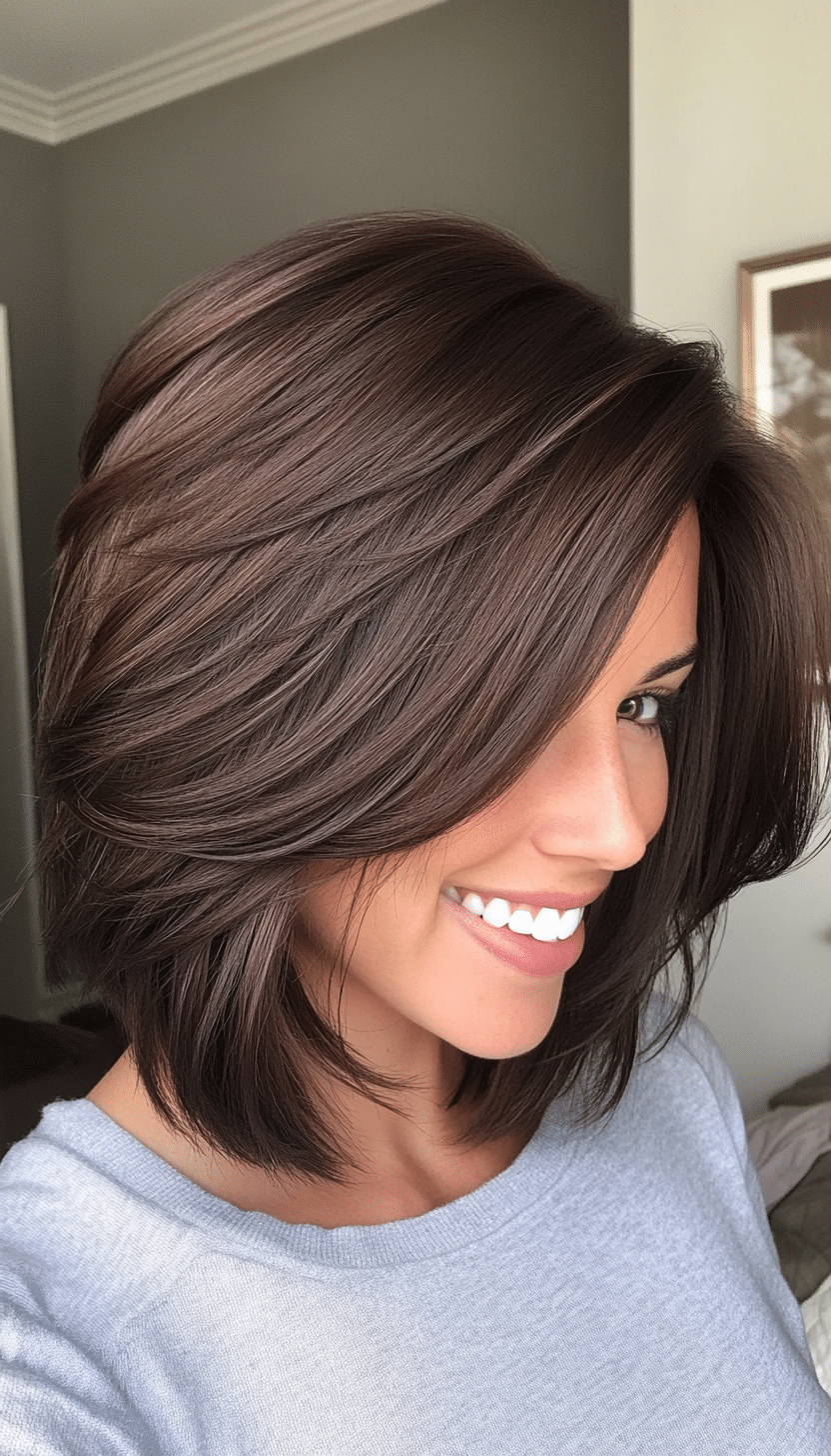 13. Side-Swept Layered Bob in Classic Dark Brown (Layered Hairstyles For Thin Hair) - Layered Hairstyles For Thin Hair