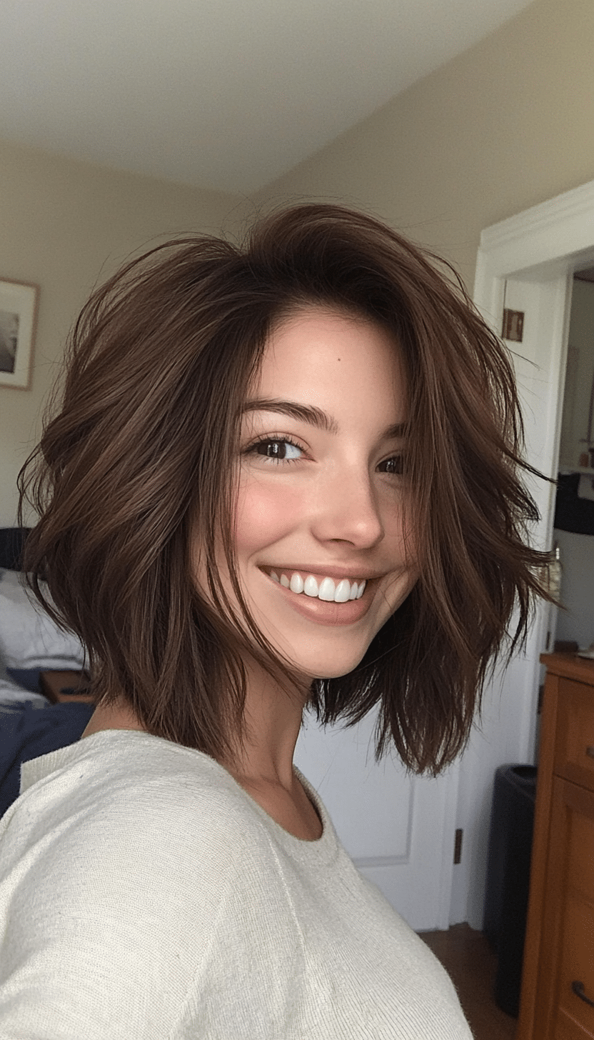 18. Messy Layered Bob in Warm Chocolate Brown (Layered Hairstyles For Thin Hair) - Layered Hairstyles For Thin Hair