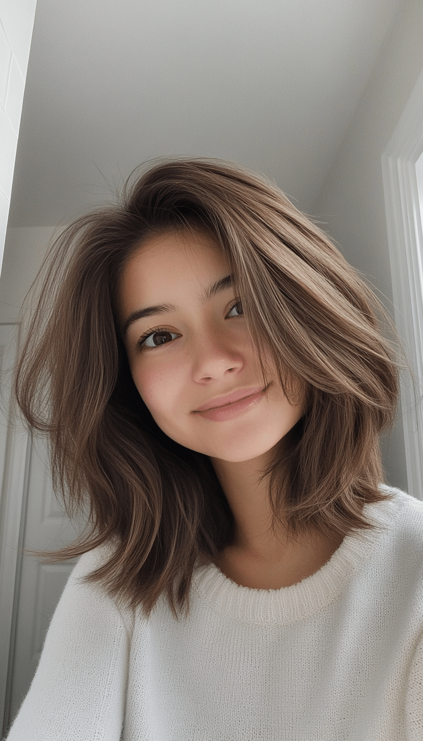 27. Wispy Layered Lob in Soft Natural Brown (Layered Hairstyles For Thin Hair) - Layered Hairstyles For Thin Hair