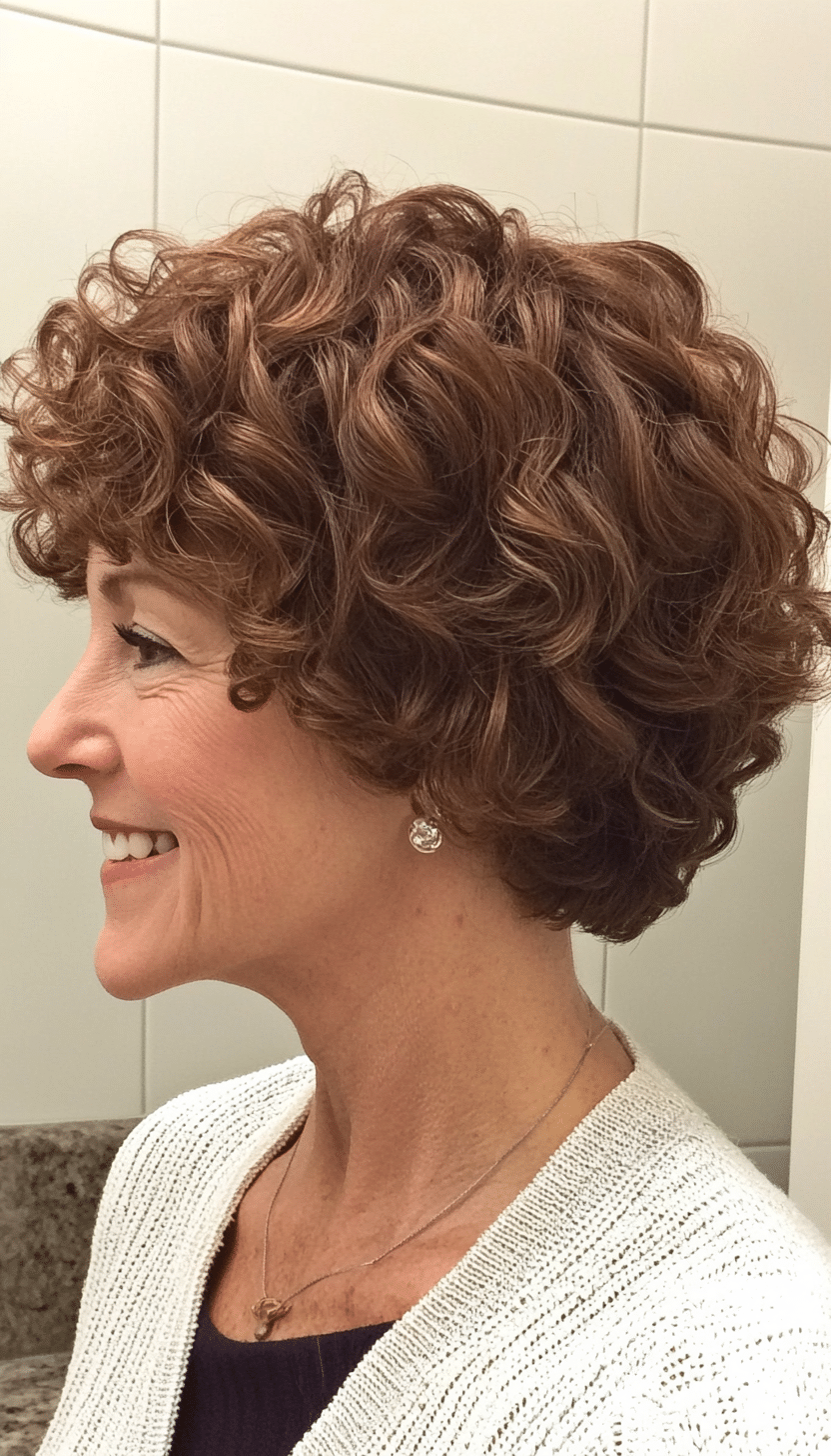 1. Layered Curly Pixie in Deep Chestnut (Short Curly Haircuts For Older Women) - Short Curly Haircuts For Older Women