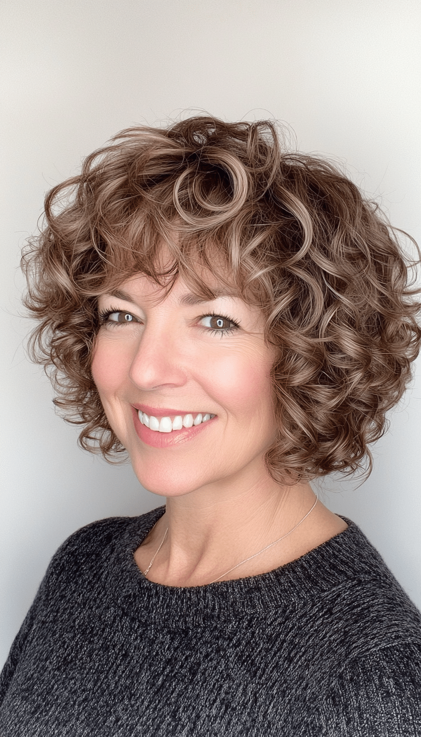 4. Textured Curly Lob in Ash Brown (Short Curly Haircuts For Older Women) - Short Curly Haircuts For Older Women