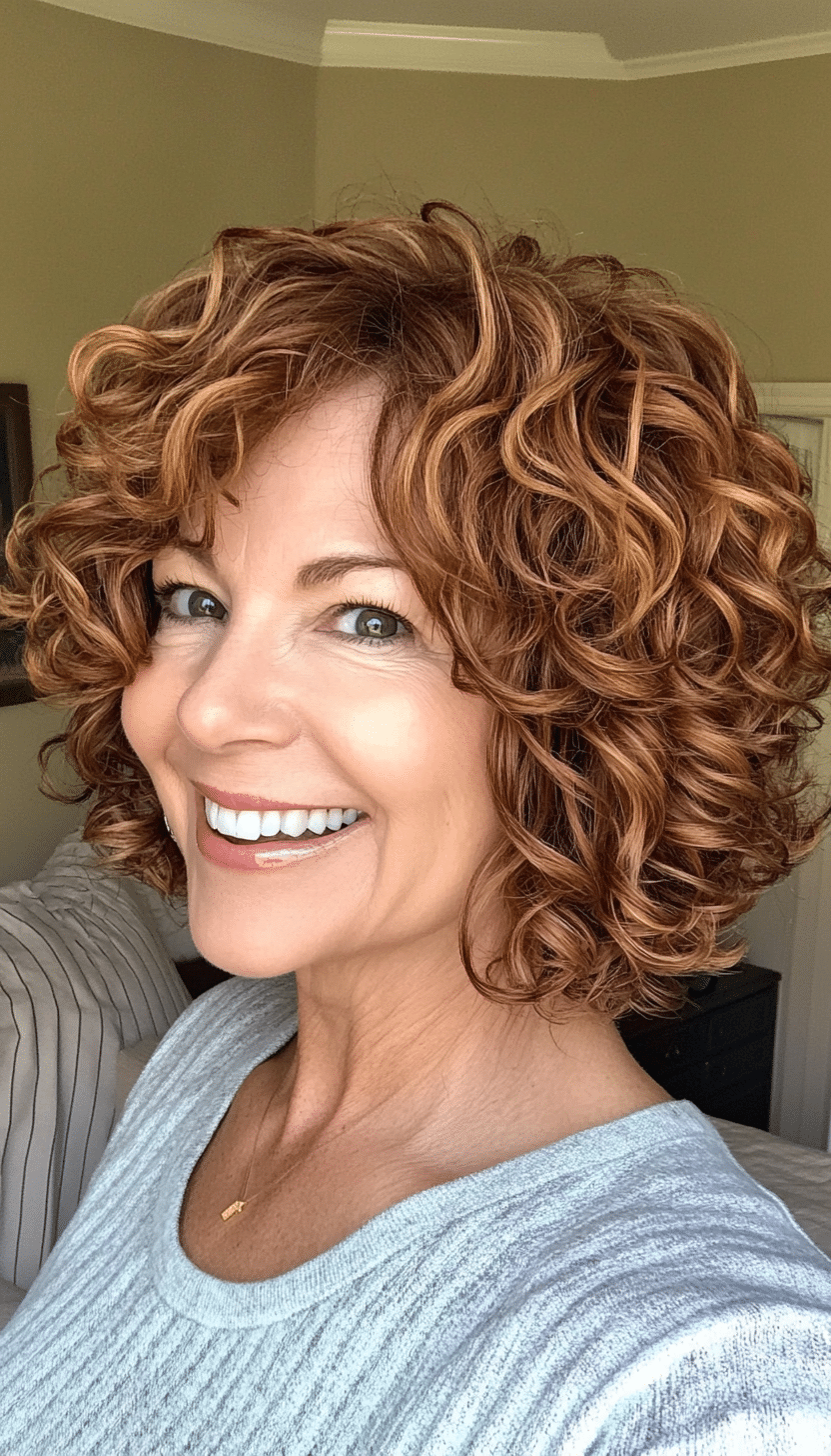10. Angled Curly Bob in Honey Brown (Short Curly Haircuts For Older Women) - Short Curly Haircuts For Older Women