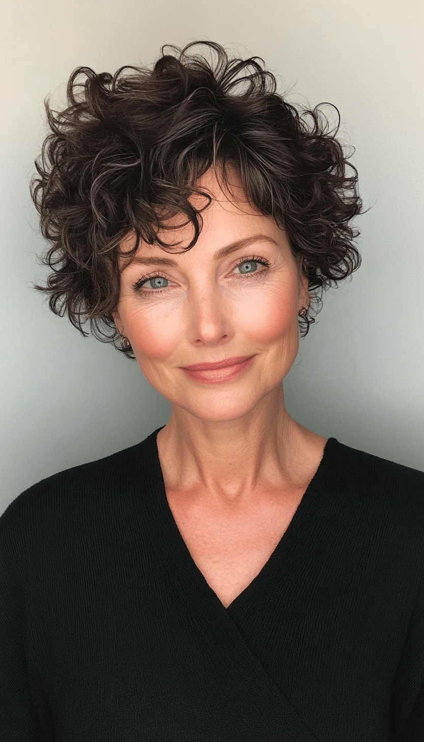 12. Feathered Curly Pixie in Dark Chocolate (Short Curly Haircuts For Older Women) - Short Curly Haircuts For Older Women