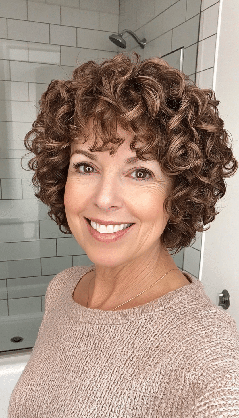 15. Loose Curly Crop in Caramel Brown (Short Curly Haircuts For Older Women) - Short Curly Haircuts For Older Women