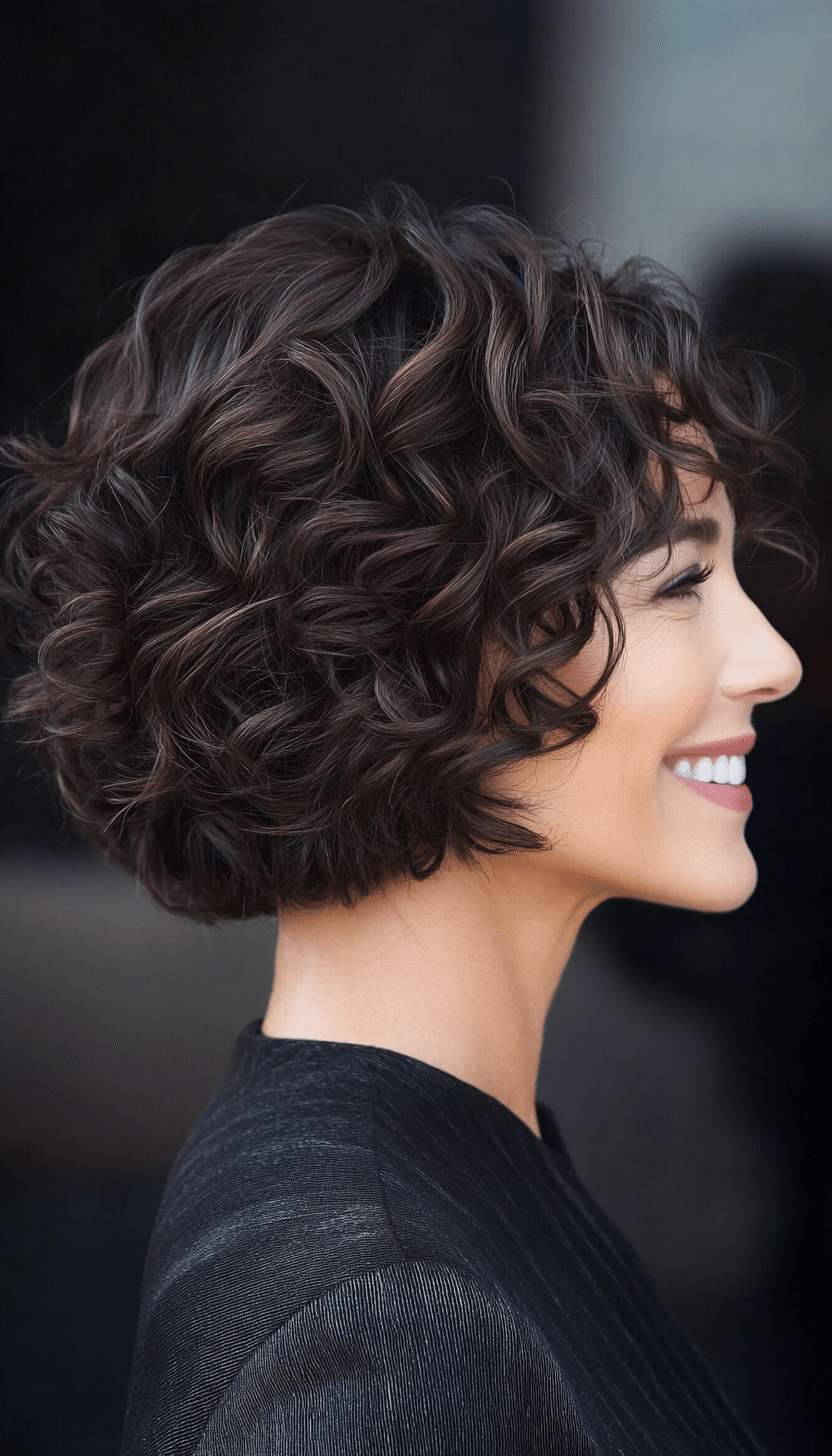 18. Curly French Bob in Deep Brunette (Short Curly Haircuts For Older Women) - Short Curly Haircuts For Older Women
