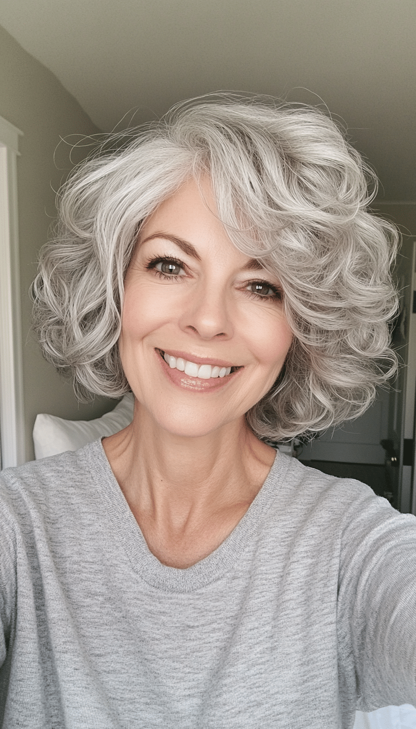 22. Short Layered Waves in Silver Ash (Short Curly Haircuts For Older Women) - Short Curly Haircuts For Older Women