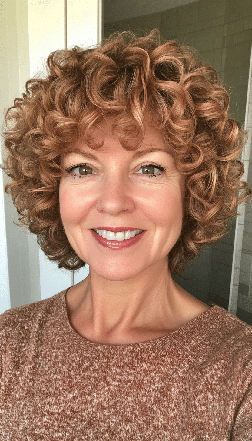 23. Face-Framing Curly Cut in Warm Cinnamon (Short Curly Haircuts For Older Women) - Short Curly Haircuts For Older Women