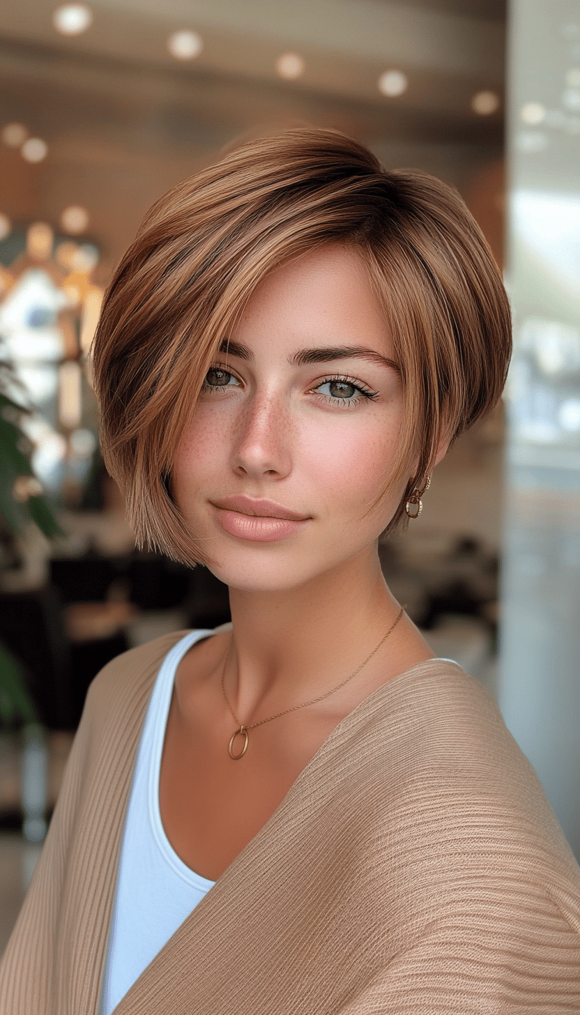 13. Side-Parted Pixie Bob in Honey Brown (Pixie Bob Haircut Ideas) - Pixie Bob Haircut Ideas