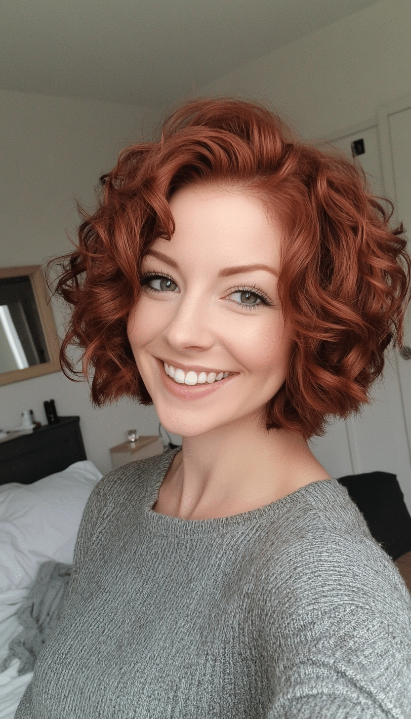 14. Curly Pixie Bob in Chestnut Red (Pixie Bob Haircut Ideas) - Pixie Bob Haircut Ideas