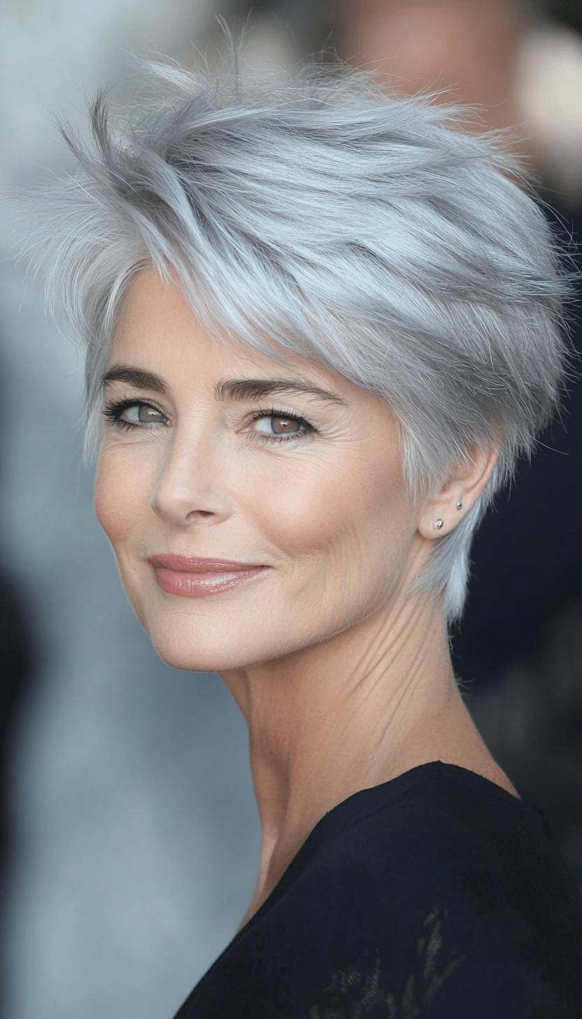 1. Feathered Silver Pixie (Short Pixie Haircuts For Women Over 60) - Short Pixie Haircuts For Women Over 60